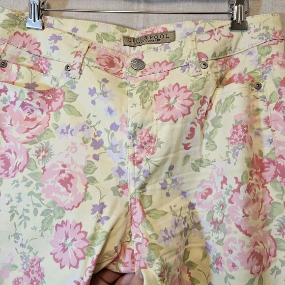 Liverpool Jeans Lemon Creme Yellow Floral Slim Fit Ankle Length Size 10 - Picture 4 of 10